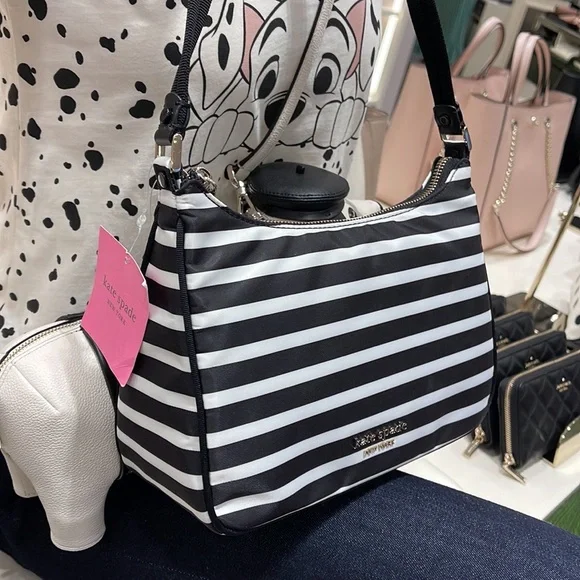 KATE SPADE, The Little Better Sam Stripe Small Shoulder Bag in Blck/Clotted  Cream